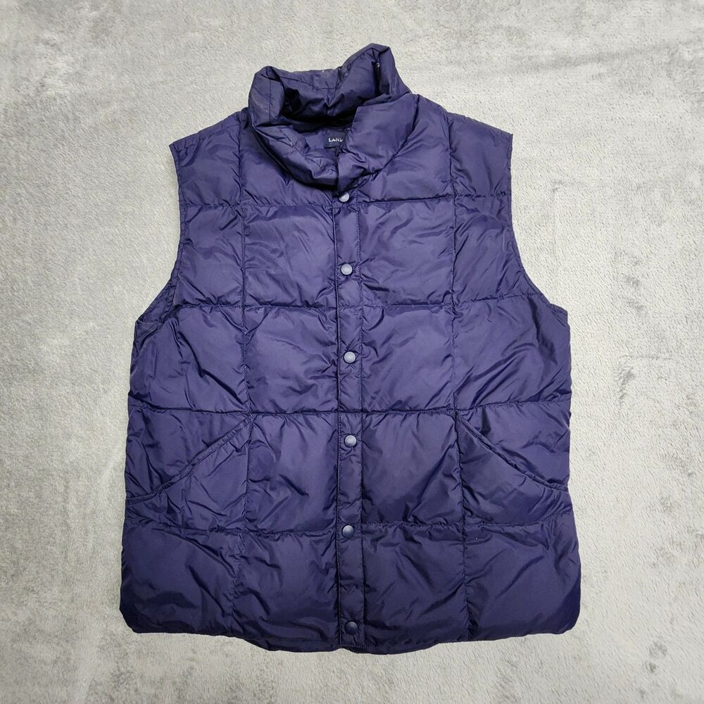 Lands End Mens M Blue Puffer Vest Snap Front 100% Nylon Goose Down Insulated